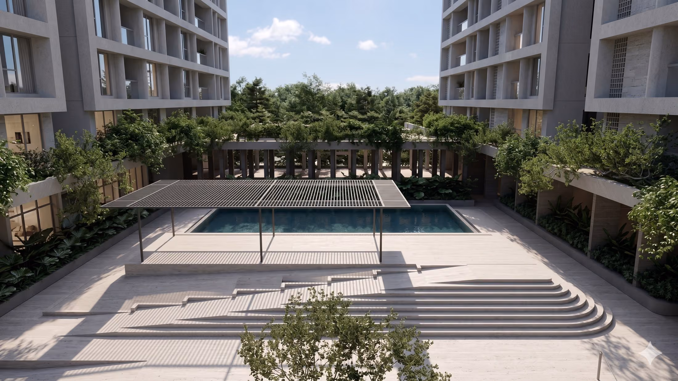 Pool courtyard beneath the canopy at Amaya
