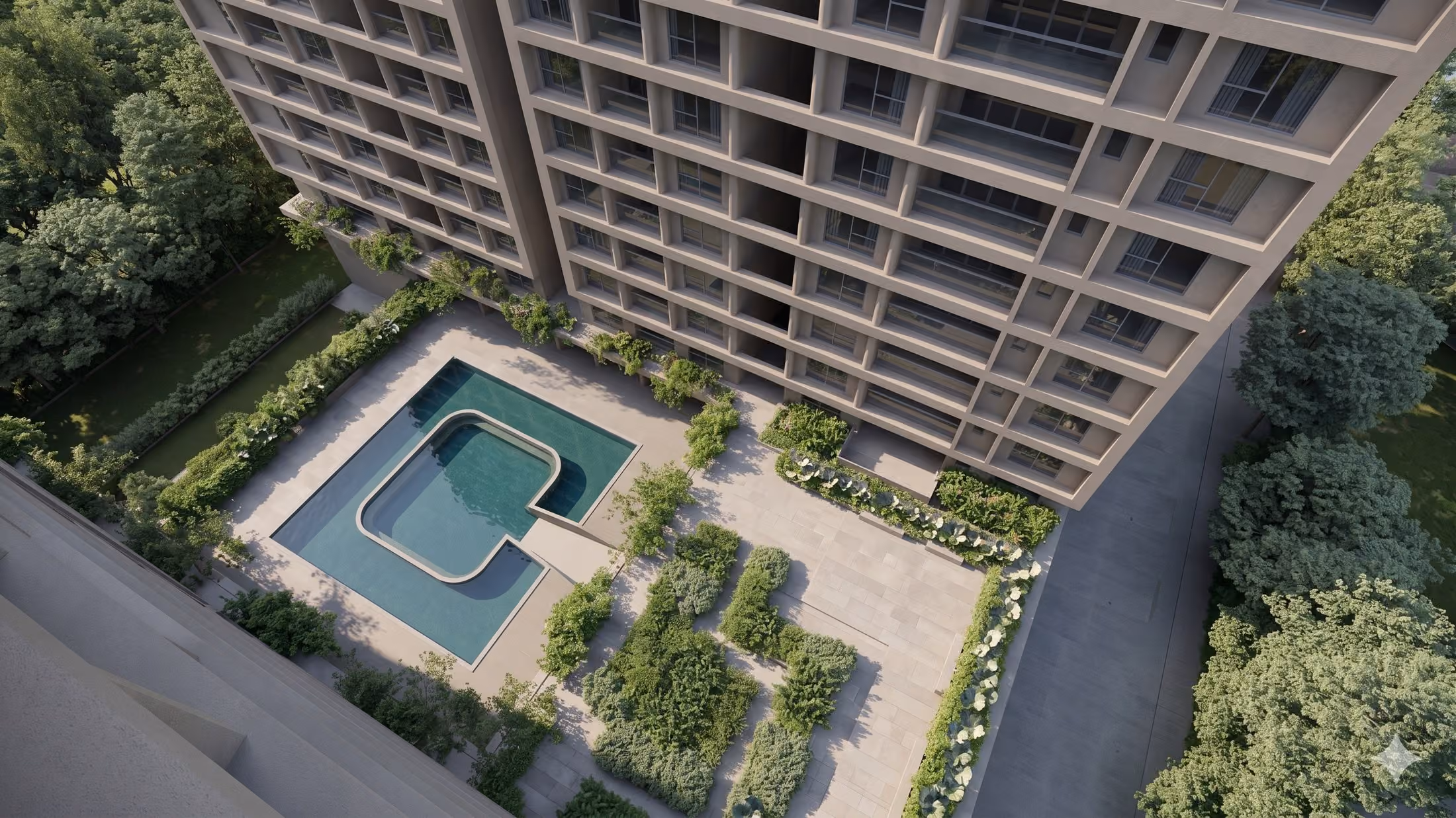 Aerial view of the courtyard and pool at Amaya