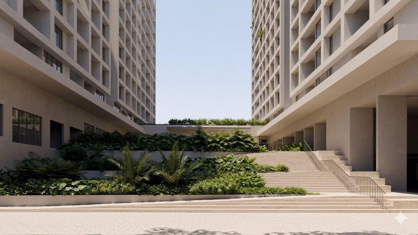 Landscaped walkway between residential blocks at Amaya